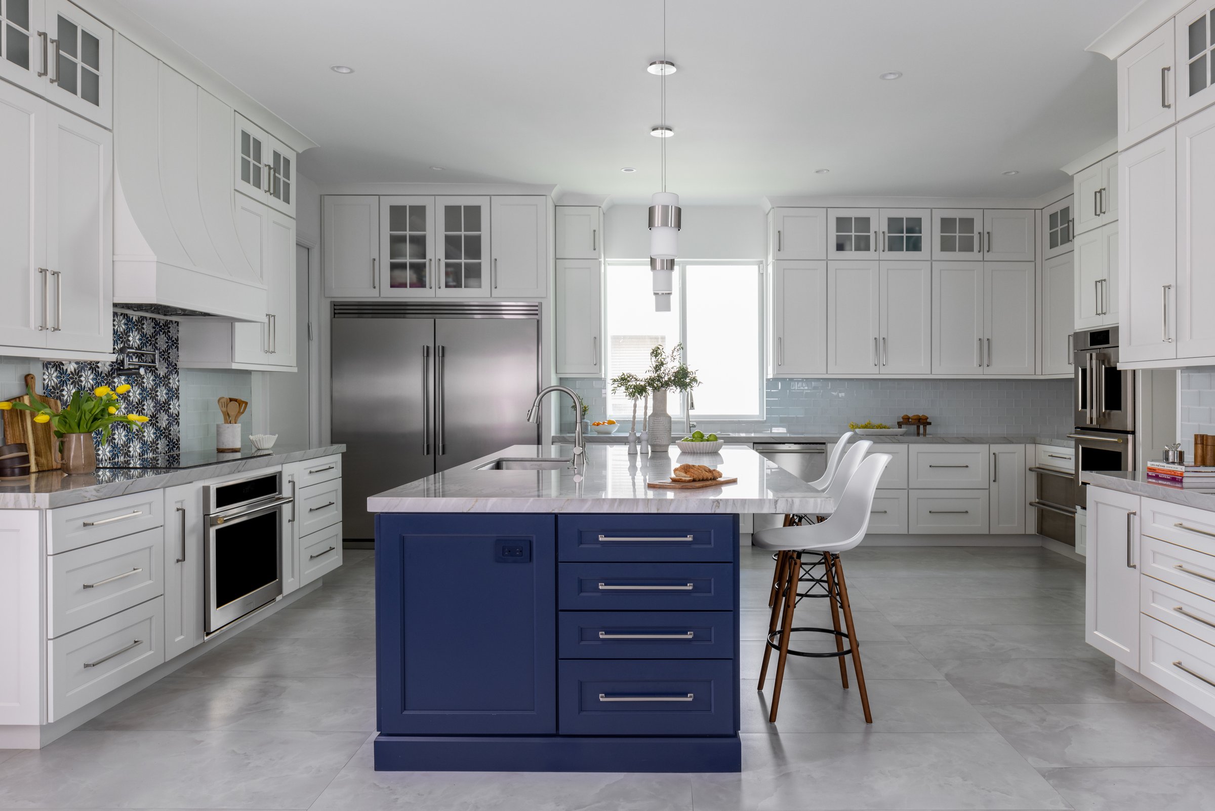 White and blue transitional kitchen in Boca Raton